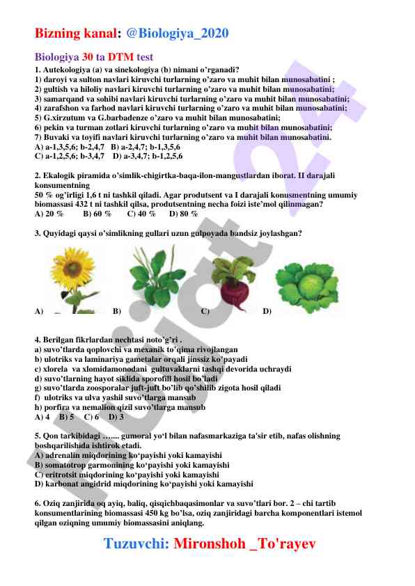 Biologiya dtm testlari autekologiya va sinekologiya