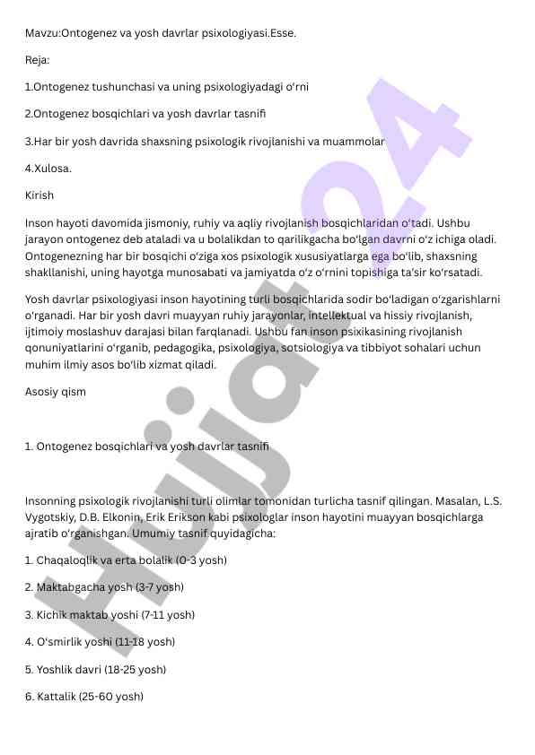 Ontogenez va yosh davrlar psixologiyasi tahlili
