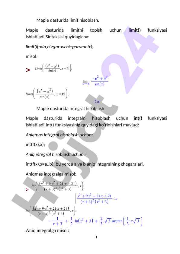 Maple dasturida limit hisoblash usullari