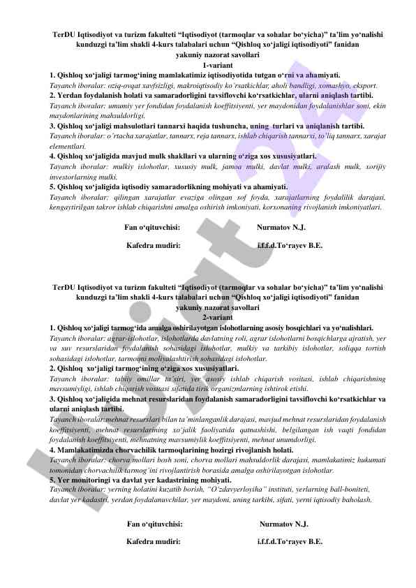 Qishloq xo‘jaligi iqtisodiyoti fanidan yakuniy nazorat