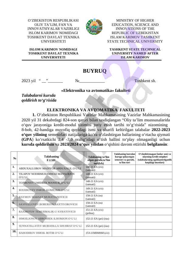 Talabalarni kursda qoldirish to‘g‘risida