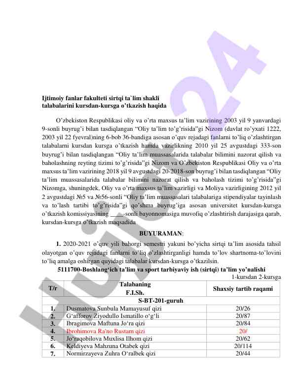 Kursdan kursga o‘tish tartibi haqida nizomlar
