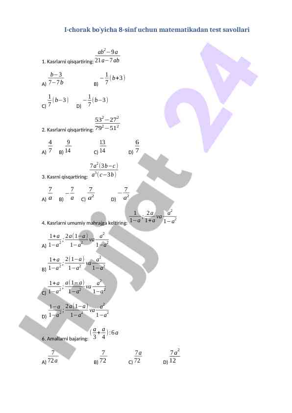 Matematika test savollari 8-9 sinflar uchun