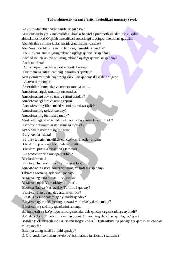 Tabiatshunoslik o'qitish metodikasi savollari
