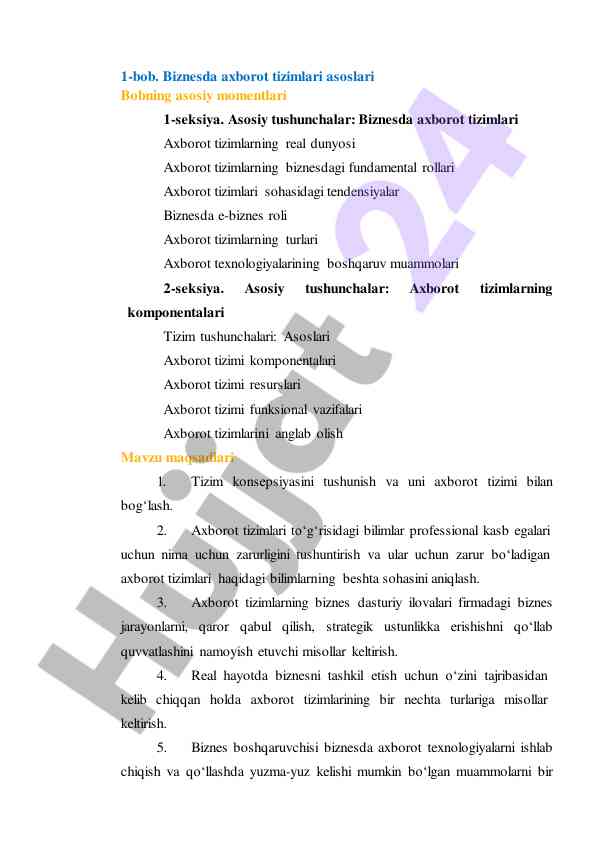 Biznesda axborot tizimlari asoslari