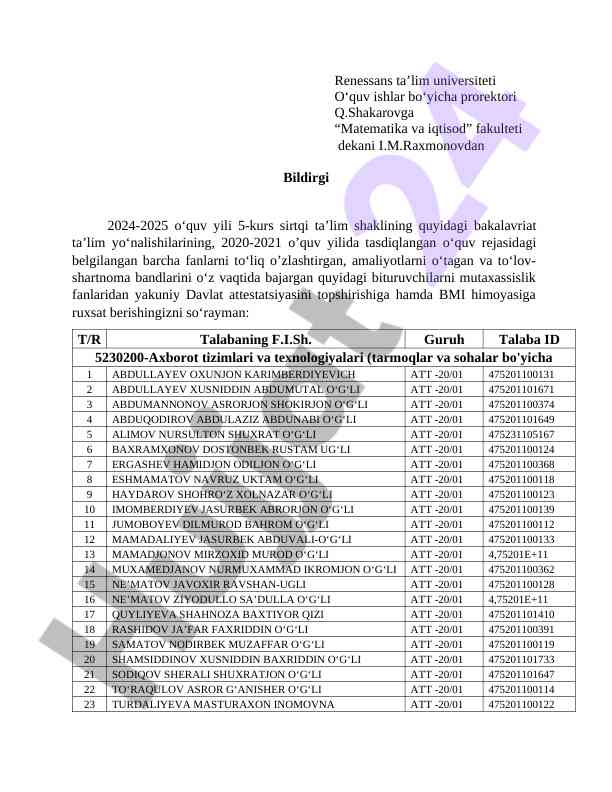 Davlat attestatsiyasi talablari va bitiruvchi ma'lumotlari