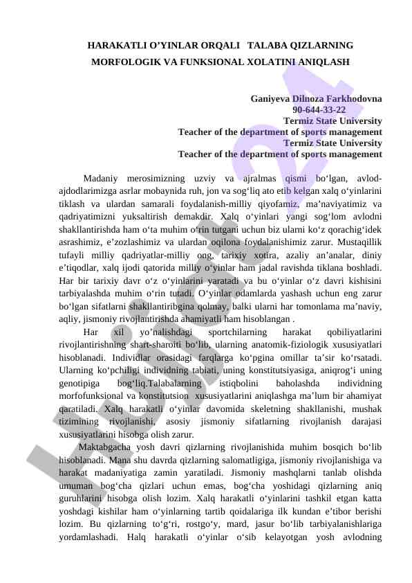 Harakatli o'yinlar orqali talaba qizlarning morfologik tahlili