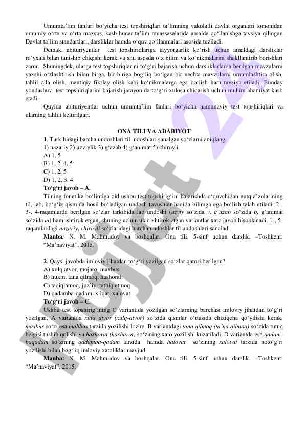 Umumta’lim fanlari bo‘yicha test topshiriqlari