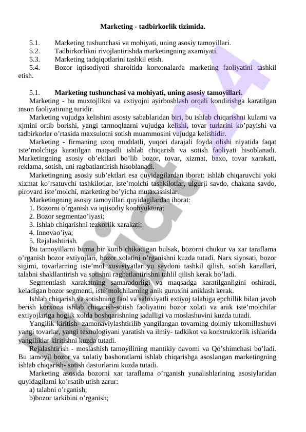 Marketing tizimidagi asosiy tamoyillar va huquqiy asoslar