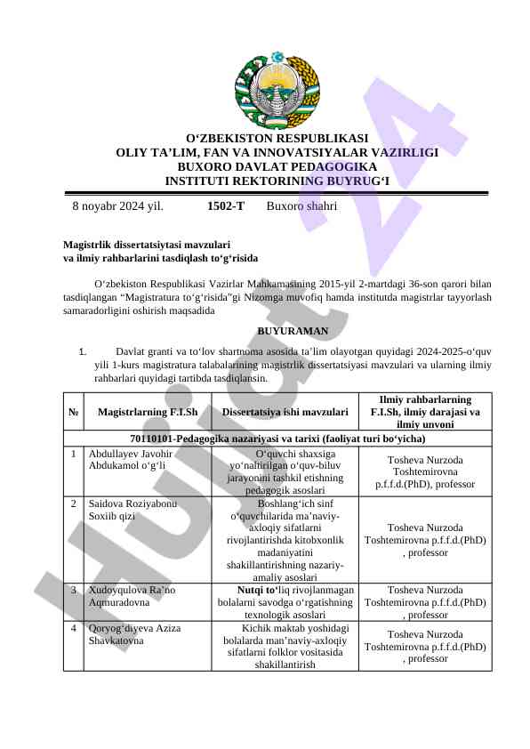 Magistrlik dissertatsiyasi mavzulari tasdiqlash