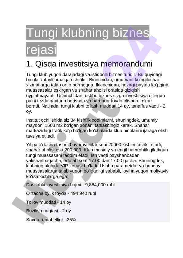 Tungi klubning biznes rejasi investorlar uchun