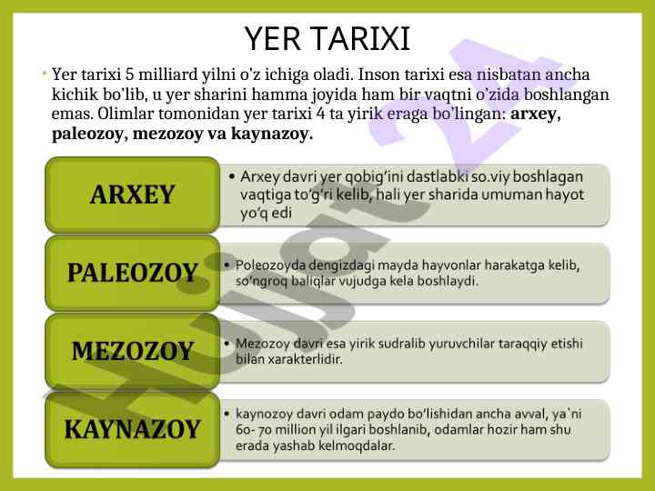 Yer tarixi va uning asosiy davrlariga ta'siri