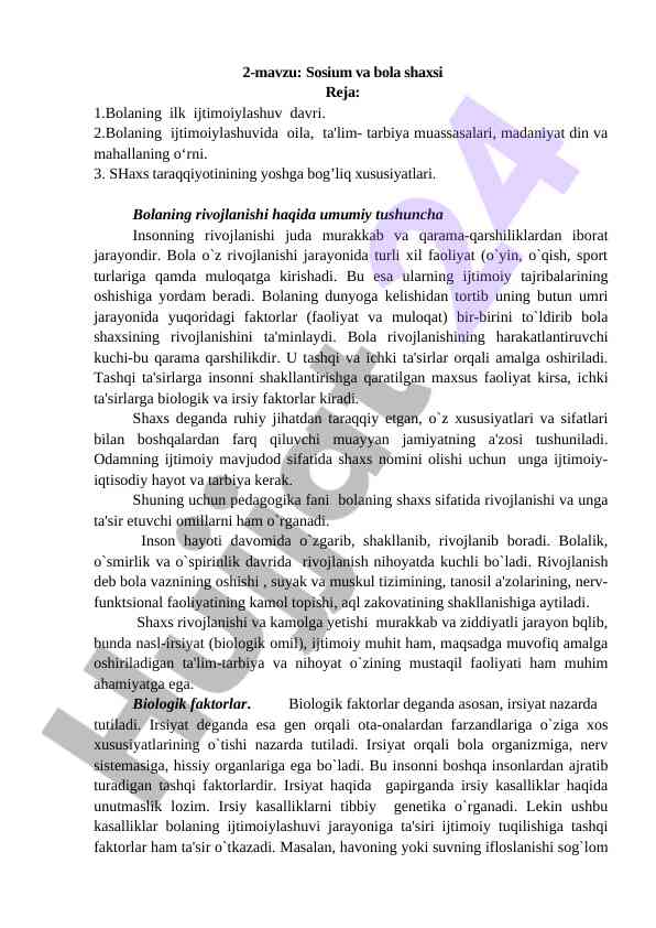 Bola shaxsining rivojlanishi va ijtimoiylashuvi