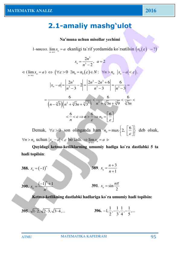 Matematik analiz amaliy mashg‘ulotlariga misollar