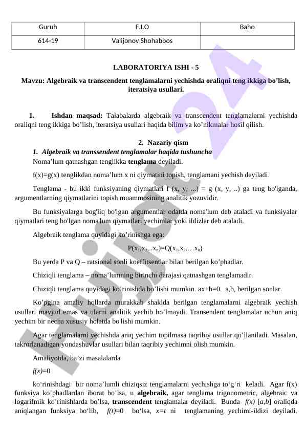 Algebraik va transcendent tenglamalar bilan ishlash