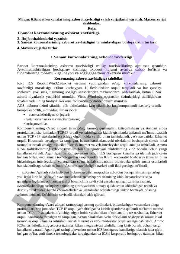 Sanoat korxonalarida axborot xavfsizligi masalalari