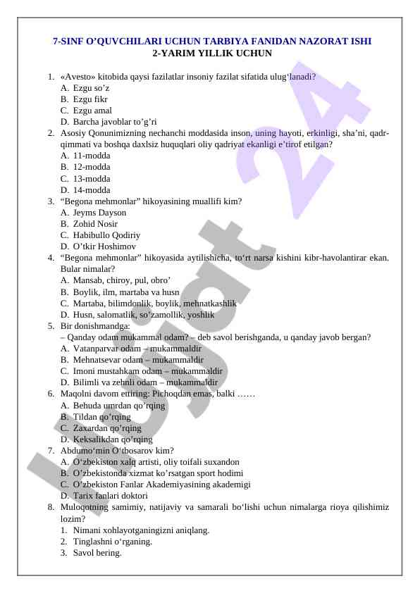7-sinf o'quvchilari uchun tarbiya fanidan nazorat