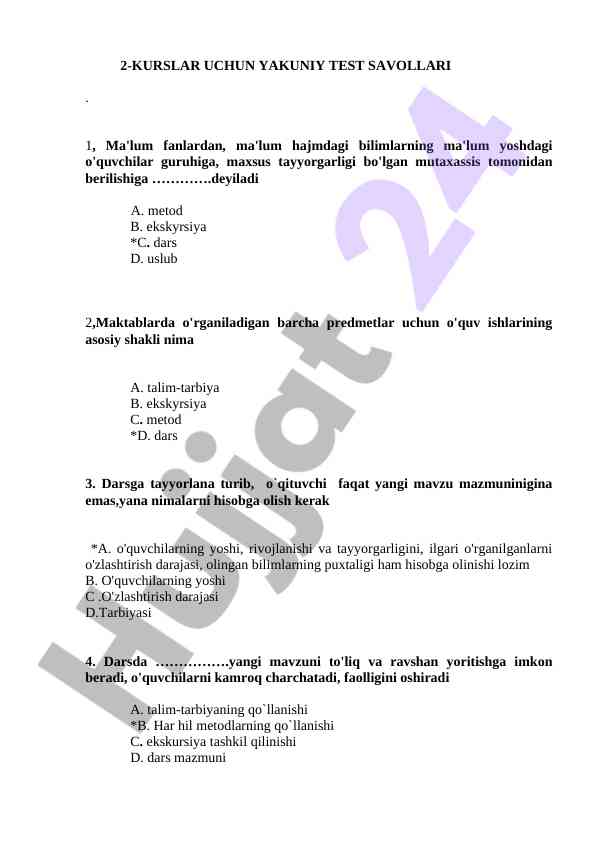 Yakuniya test savollari 2-kurslar uchun