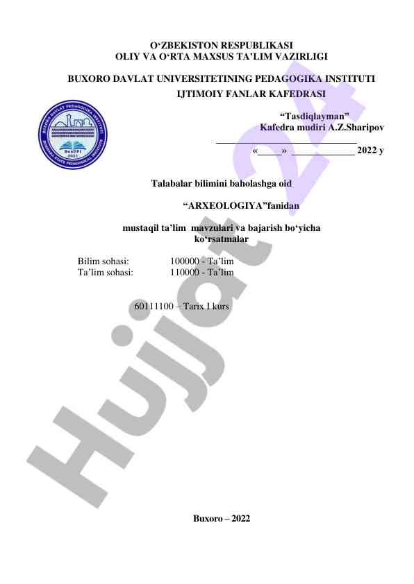 Arxeologiya fanidan mustaqil ta’lim mavzulari