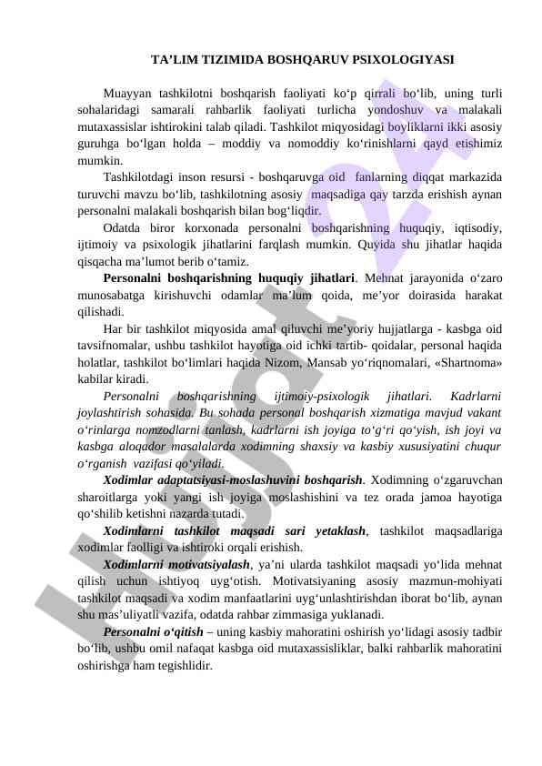 Tashkilotlarda psixologiya va personal boshqaruvi
