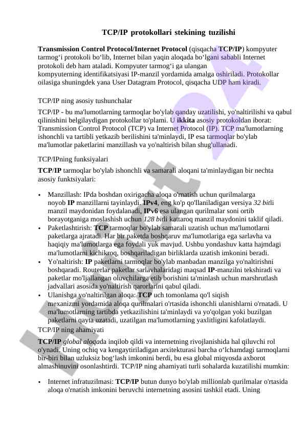 Tcp/ip protokollari va ularning tuzilishi