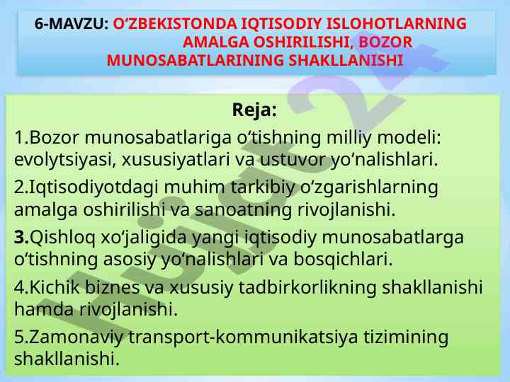 O‘zbekistonda iqtisodiy islohotlarning amalga oshirilishi