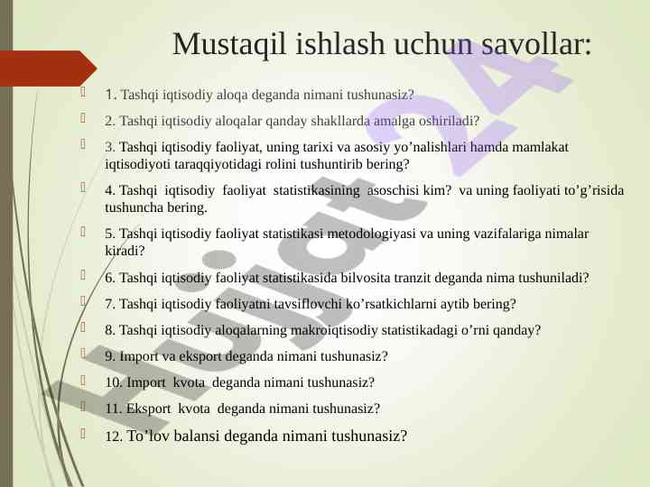 Tashqi iqtisodiy faoliyat savollari va statistikasi