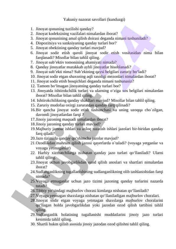Yakuniy nazorat savollari bo‘yicha savollar