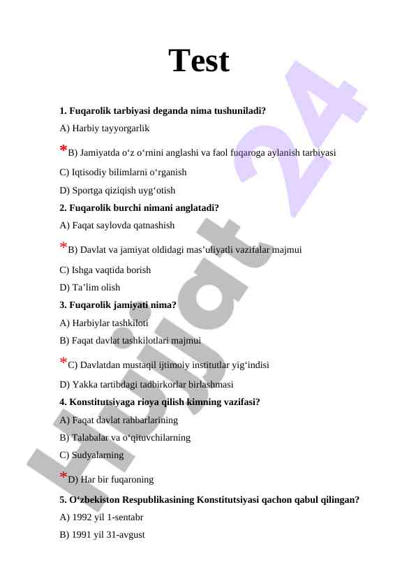 Fuqarolik tarbiyasi testi savollar va javoblar