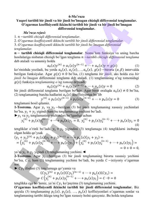 Ma’ruza chiziqli differensial tenglamalar bo’yicha
