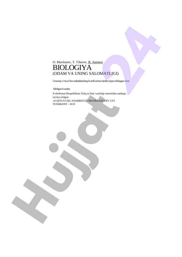 Biologiya darsligi o‘quvchilar uchun 8-sinf