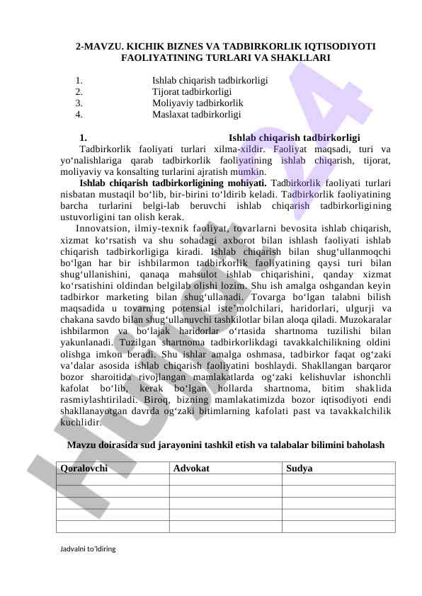Kichik biznes va tadbirkorlik faoliyatining turlari