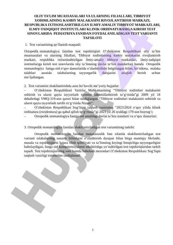 Pediatriya fanidan test varianti tafsiloti