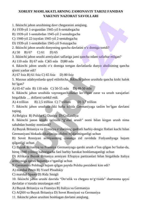 Xorijiy mamlakatlarning zamonaviya tarixi savollari