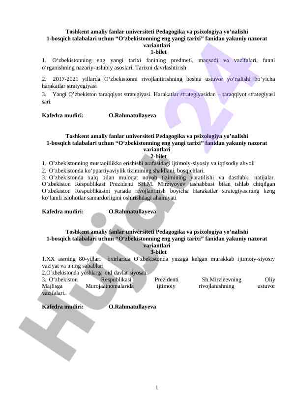 O‘zbekistanning eng yangi tarixi fanidan nazorat