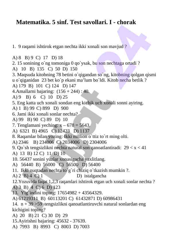 Matematika test savollari 5 sinf i chorak