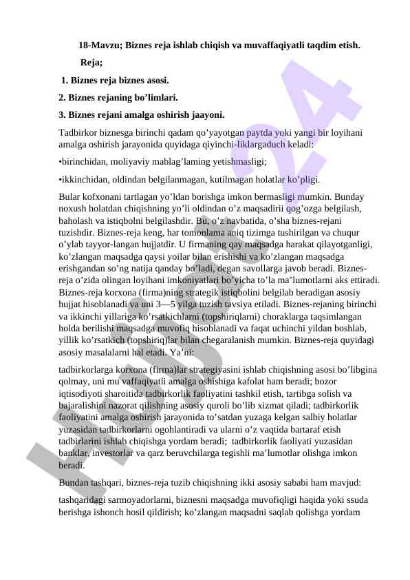 Biznes reja ishlab chiqish va taqdim etish