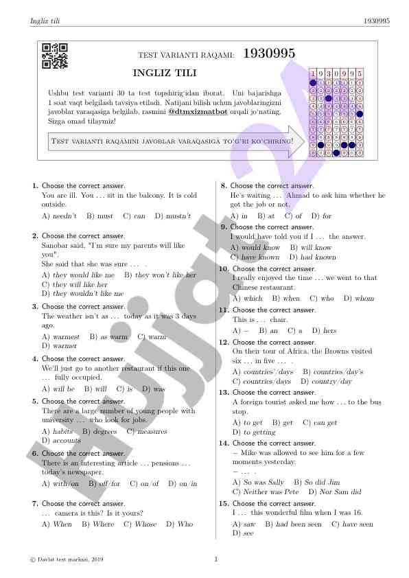Ingliz tili test varianti 1930995