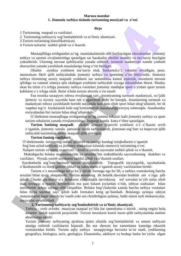 Jismoniy tarbiya tizimidagi turizmning ahamiyati