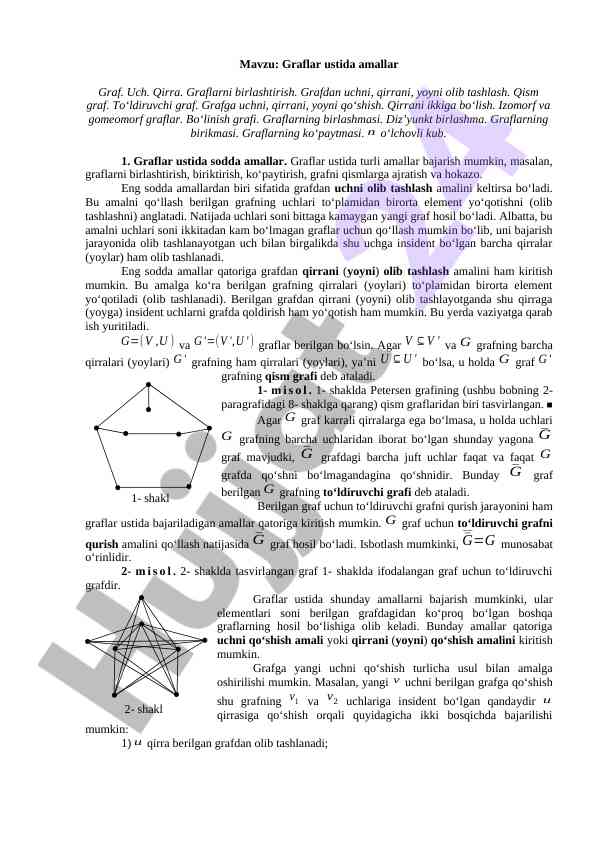 Graflar ustida amallar va ularning turlari
