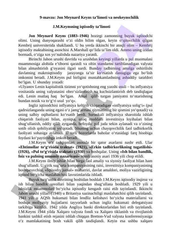 Jon meynard keyns taʼlimoti va neokeynschilik