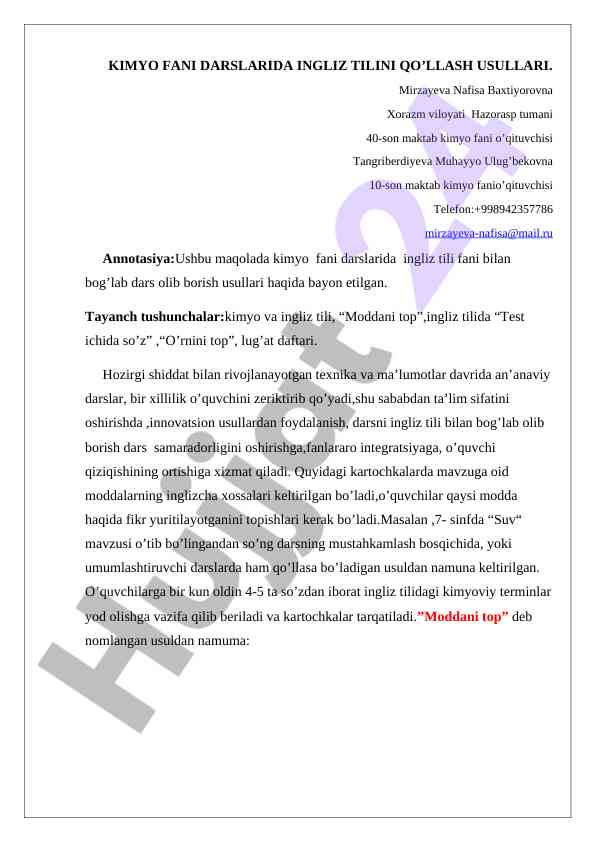 Kimyo fani darslarida ingliz tilini qo’llash usullari