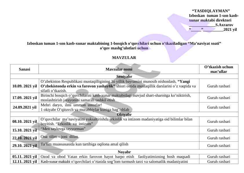 Maʼnaviyat soati oʼquv mashgʼulotlari mavzulari