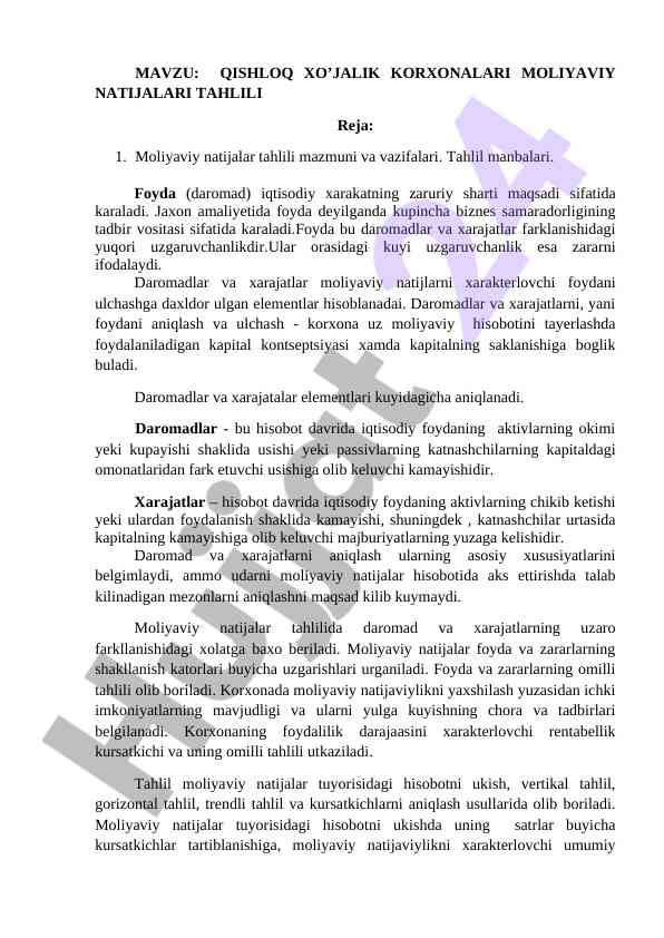 Qishloq xo'jalik korxonalari moliya natijalari tahlili