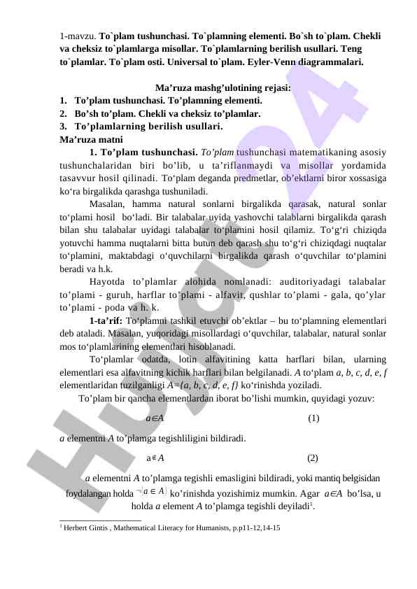 To‘plam tushunchasi va elementlari