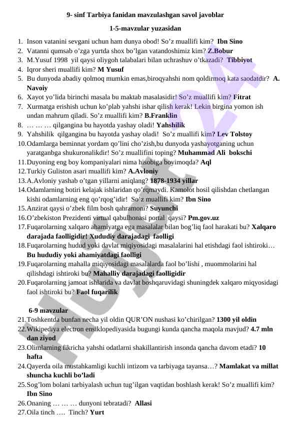 9-sinf tarbiya fanidan savol javoblar