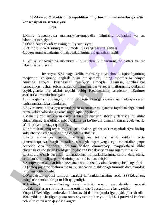 O’zbekiston iqtisodiyotidagi islohotlar strategiyasi