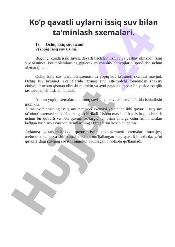 Ko'p qavatli uylar uchun issiq suv ta'minoti sxemalari