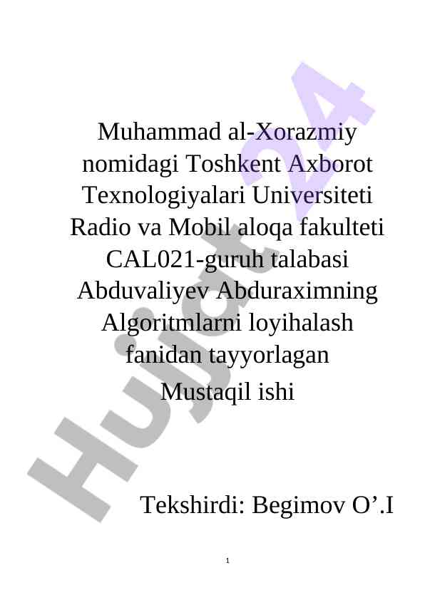 Algoritmlarni loyihalash fani bo'yicha mustaqil ish