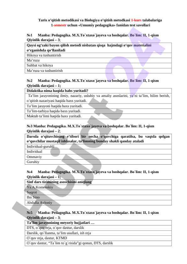 Umumiy pedagogika fanidan 1-semestr test savollari